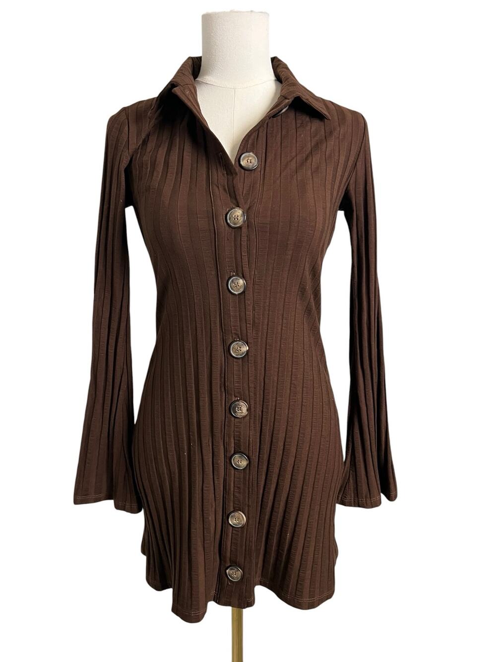 Reformation Brown Ribbed Button Front Mini Dress Bell Sleeve Small Retro Stretch